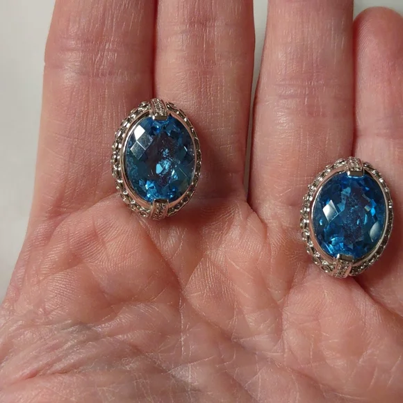 Hold For Sara- Blue Topaz earrings 14kt white gold, channel set diamonds, French - Picture 2 of 9